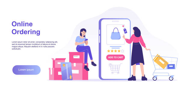 Online shopping concept. Young woman holding shopping trolley cart ordering with huge smartphone app. Ordering with online payment. Purchase. Web landing page. Isolated stock vector illustration vector art illustration