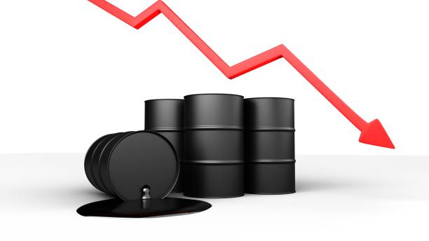 istock Oil Prices Dropping. Black barrels and red arrow with a question mark. 3D-rendering. 1220424756