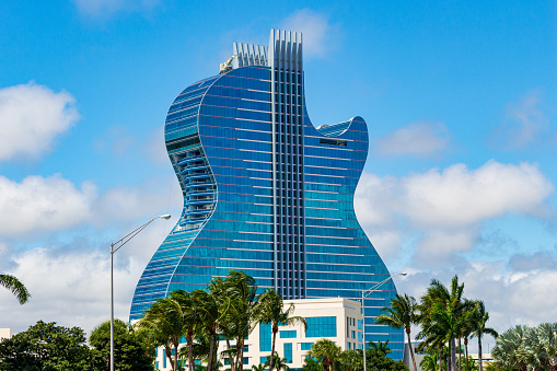 Exterior of the Seminole Hard Rock hotel and casino, the largest guitar shaped building in the world - Hollywood, Florida, USA