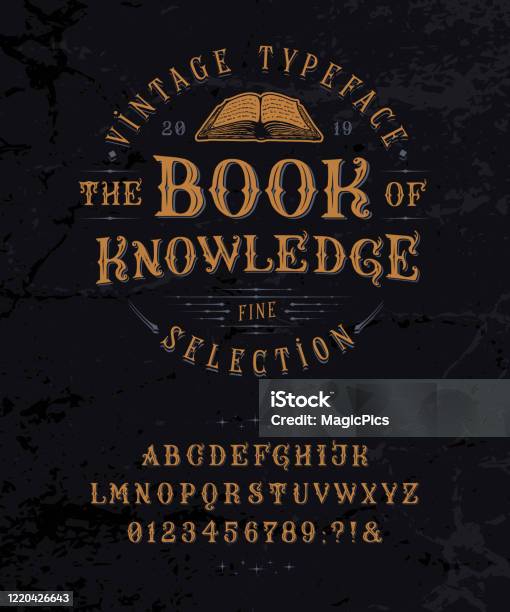Font Book Of Knowledge Vintage Bokstäver Siffror-vektorgrafik och fler bilder på Maskinskriven text - Maskinskriven text, Bok - Tryckt media, Logotyp