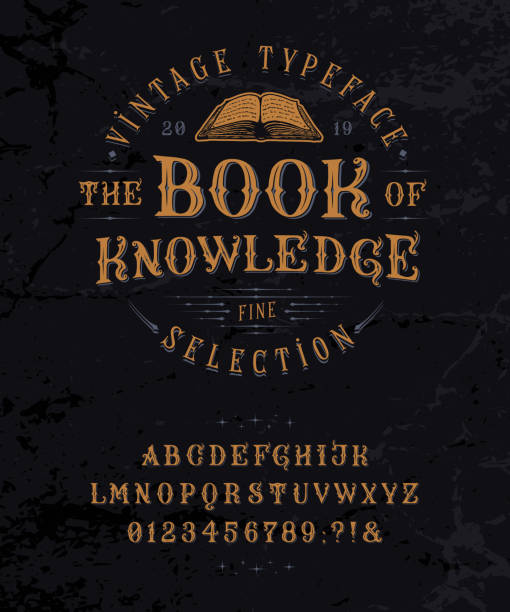 Font Book of Knowledge. Vintage letters, numbers Font Book of Knowledge. Craft retro vintage typeface design. Graphic display alphabet. Historic style letters. Latin characters and numbers. Vector illustration. Old badge, label, logo template. banners tattoos stock illustrations