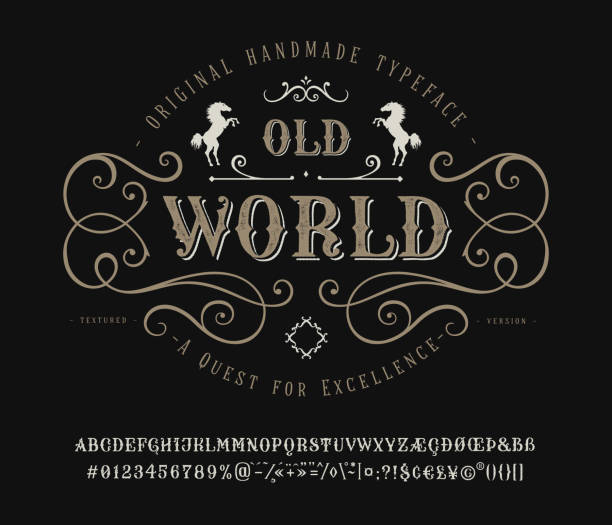 Font Old World. Vintage letter and number Font Old World. Craft retro vintage typeface design. Graphic display alphabet. Historic style letters. Latin characters and numbers. Vector illustration. Old badge, label, logo template. west direction stock illustrations
