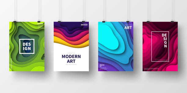 Posters with colorful paper cut designs, isolated on white background Four realistic posters in vertical position with modern and trendy backgrounds, isolated on white wall. Abstract illustrations with wave shapes in a paper cut style and beautiful color gradients (colors used: Red, Purple, Pink, Orange, Green, Blue, Black, Turquoise, Yellow). Template for your own design, with space for your text. The layers are named to facilitate your customization. Vector Illustration (EPS10, well layered and grouped), wide format (2:1). Easy to edit, manipulate, resize and colorize. neon turquoise stock illustrations