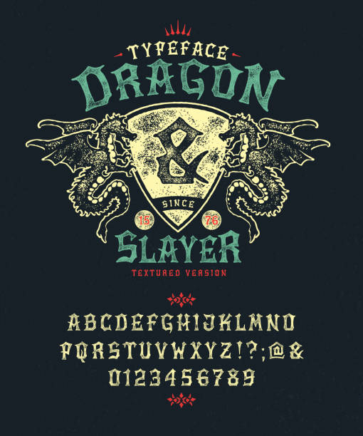 Font Dragon Lord. Pop vintage letters, numbers Font Dragon Slayer. Craft retro vintage typeface design. Fashion graphic display alphabet. Pop modern vector letters. Latin characters numbers. Vector illustration old badge label logo tee template. fairy tale font stock illustrations