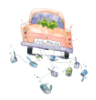 Cute watercolor car with just married sign on a wedding travel