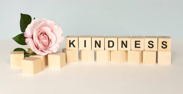 kindness word written in wooden cube on a light background - single word love wood typescript imagens e fotografias de stock