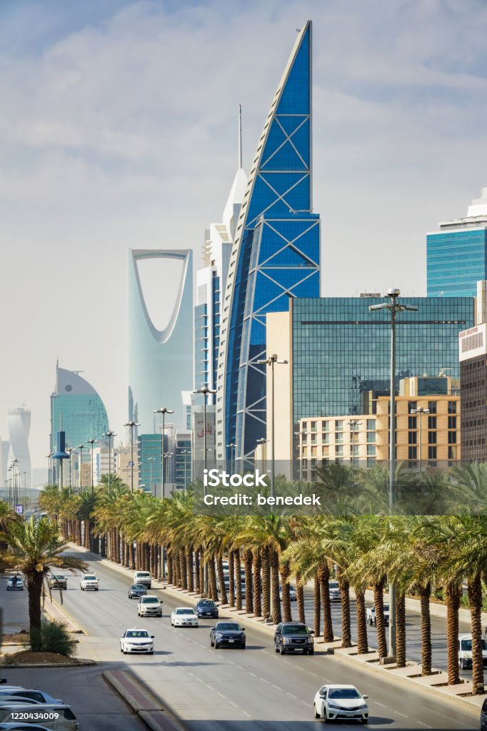Modern skyline of Riyadh Saudi Arabia King Fahd Road in downtown Riyadh Saudi Arabia on a sunny day. Saudi Arabia Stock Photo