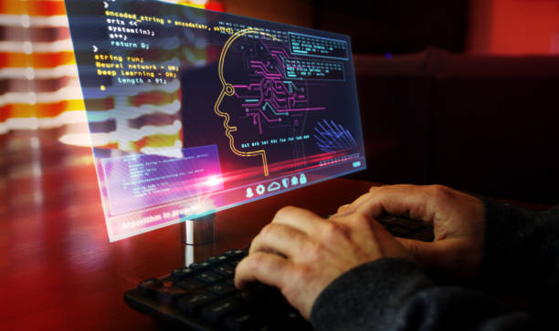 istock Man typing on keyboard with andartificial Intelligence hologram screen 1220434386