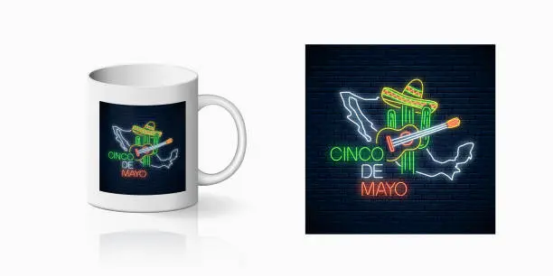 Vector illustration of eon sinco de mayo sign with mexico map for cup design. Mexican festival design with guitar, cactus and sombrero hat