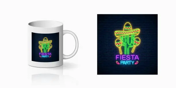 Vector illustration of Glowing neon fiesta holiday sign for cup design. Mexican festival design with maracas, sombrero hat and cactus