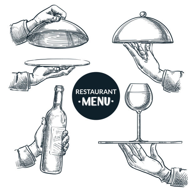 pelayan tangan memegang nampan. ilustrasi sketsa yang digambar dengan tangan vektor. menu restoran, elemen desain layanan katering - butler holding food ilustrasi stok