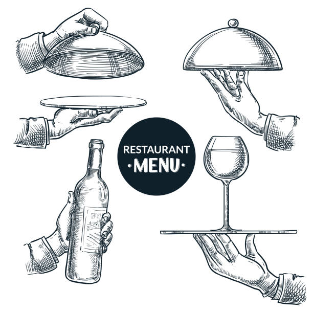Waiters hands holding trays. Vector hand drawn sketch illustration. Restaurant menu, catering service design elements Waiters hands holding open and closed trays. Vector hand drawn sketch illustration, isolated on white background. Wine bottle, glass served on tray. Restaurant menu, catering service design elements service drawings stock illustrations
