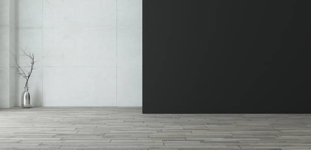 istock empty room with black painted wall and concrete wall with wooden floor realistic 3D rendering 1220442779