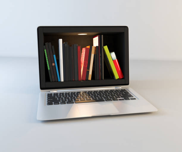 istock Bookshelf in laptop screen realistic 3D rendering 1220442858