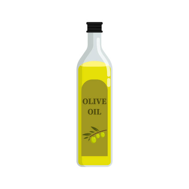 ilustraciones, imágenes clip art, dibujos animados e iconos de stock de botella de vidrio de aceite de oliva. ilustración vectorial aislada. - aceite de oliva