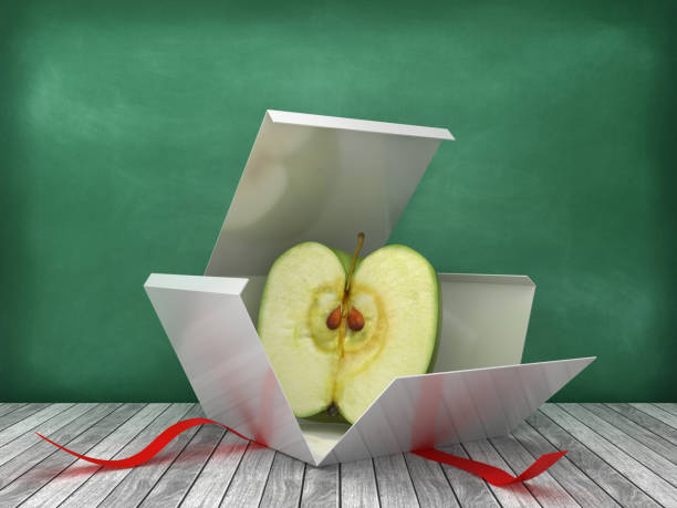 confezione regalo con apple su sfondo lavagna - rendering 3d - gift apple ribbon fruit foto e immagini stock