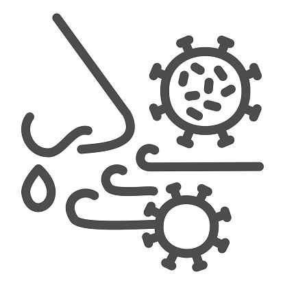 Airborne virus spread line icon. Person breath virus bacteria outline style pictogram on white background. Covid-19 spread through respiratory sign concept and web design. Vector graphics