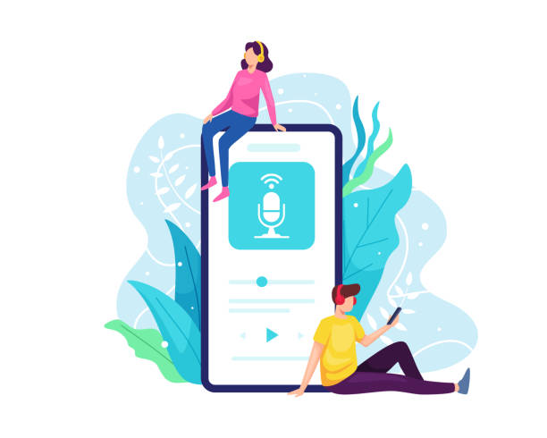 Listen to podcast with smartphone Podcast concept illustration. People listen to online radio with mobile phones. Man woman streaming a podcast with smart phone. Vector illustration in a flat style podcast mobile stock illustrations