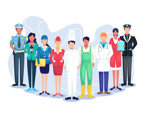 Professional workers labor day cartoons. Illustration speakers of podcast, experts from various professions. Employees mix race workers. Vector in flat style