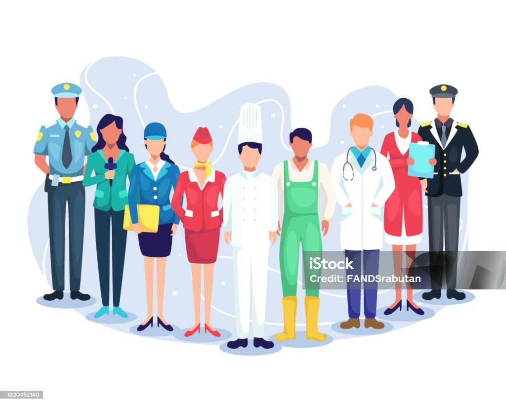 People group different occupation set Professional workers labor day cartoons. Illustration speakers of podcast, experts from various professions. Employees mix race workers. Vector in flat style Occupation stock vector