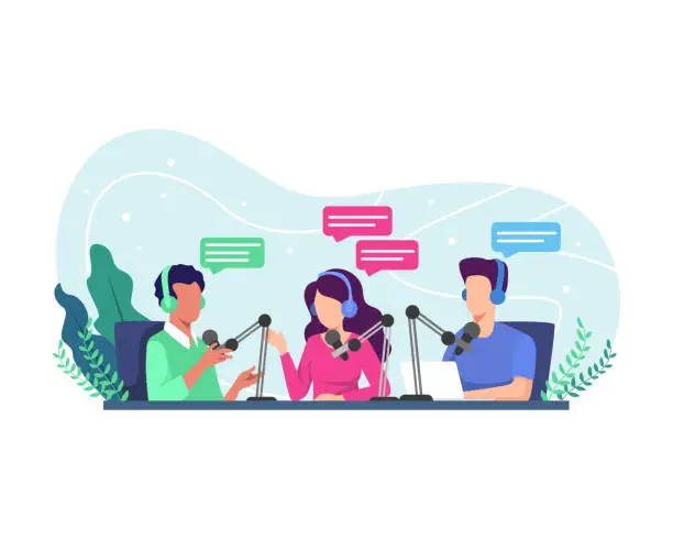 Vector illustration of Radio host interviewing guests on radio station