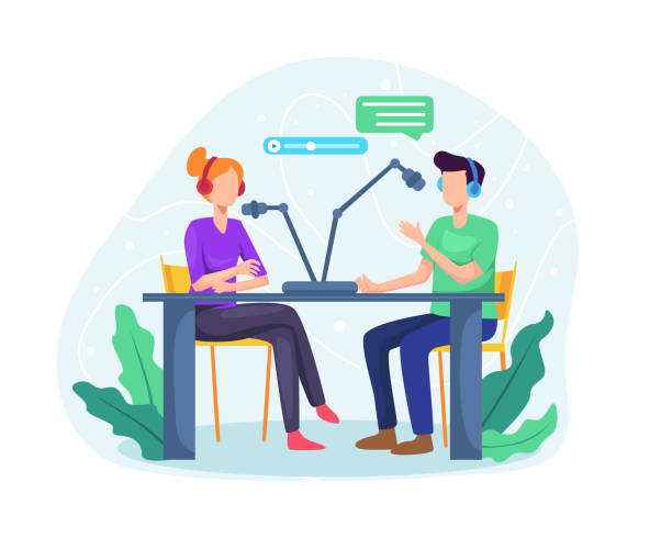 Podcast concept illustration Male radio host interviewing guests on radio station. Podcast in studio flat vector illustration. Man and woman in headphones talking. Vector in flat style guest stock illustrations