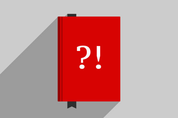 Red book with big white question mark and exclamation mark at cover Red book with big white question mark and exclamation mark at cover. Concept of manual, handbook, collection of frequently asked questions specifications icon stock illustrations