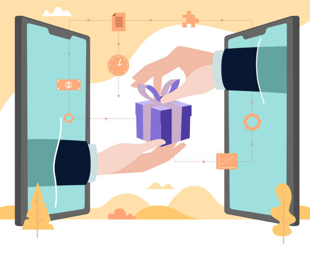 concept ilustracja płaska. ręka poza prezentem dostawy smartfona. wniosek o wydanie sklepu internetowego. - currency perks gift bow stock illustrations