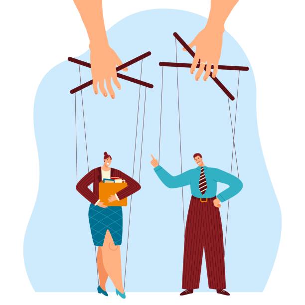 istock Character business, office people, male, female, control business worker by managing puppet, isolated on white, flat vector illustration. 1220458205