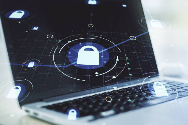 istock Creative idea concept with lock symbol and microcircuit illustration on modern laptop background. Protection and firewall concept. Multiexposure 1220458985