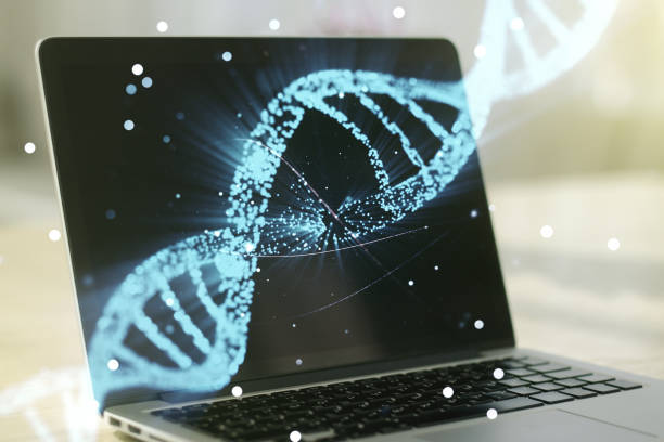 istock Creative concept with DNA symbol illustration on modern laptop background. Genome research concept. Multiexposure 1220459054