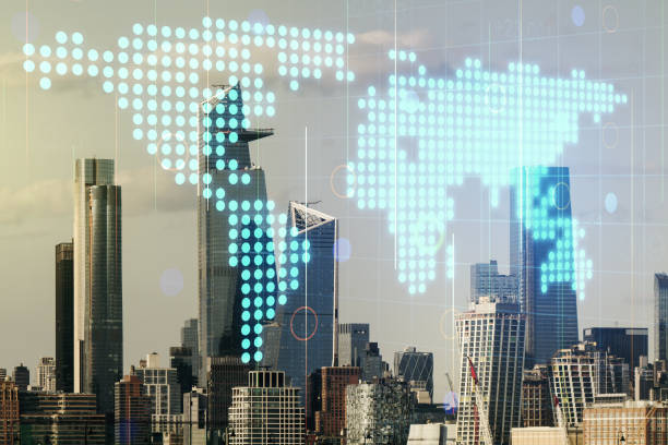 istock Abstract creative digital world map on New York cityscape background, globalization concept. Multiexposure 1220459848