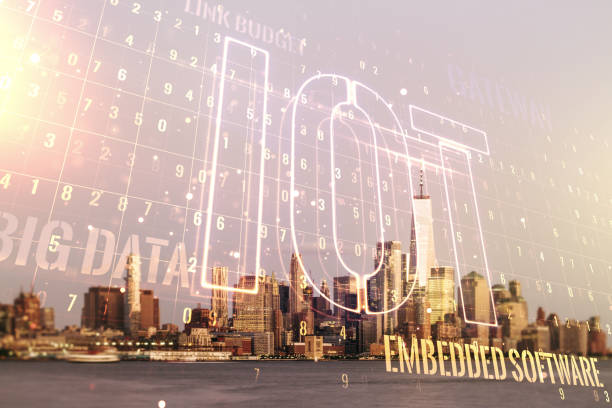 istock Abstract virtual IOT hologram on Manhattan office buildings background, internet of things concept. Multiexposure 1220459996