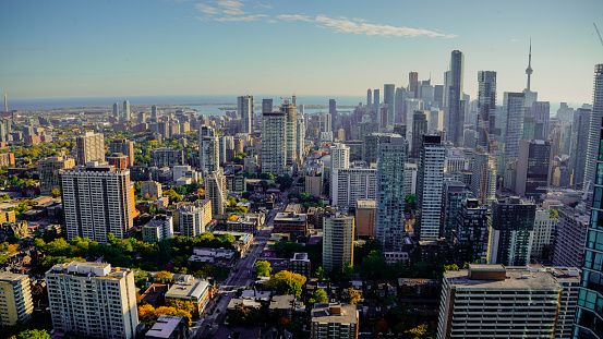 Toronto downtown towers illuminated sunset panorama Canada