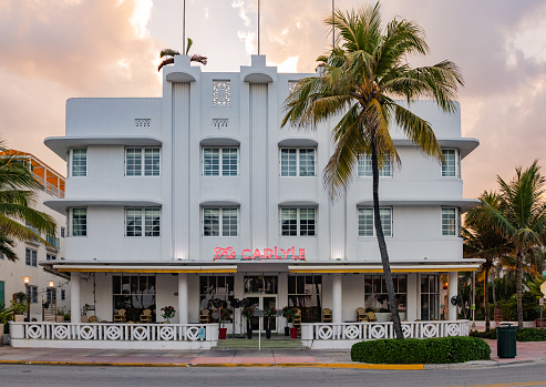 In Miami Beach, United States the Carlyle Art Deco hotel on Ocean Drive is closed for business during the Coronavirus Pandemic.