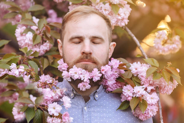 brutal bearded man in the flowering cherry trees. Handsome smiling bearded man outdoors. Spring day. Spring pink sakura blossom. Male spring fashion. Bearded stylish man. Happy guy in pink flowers.