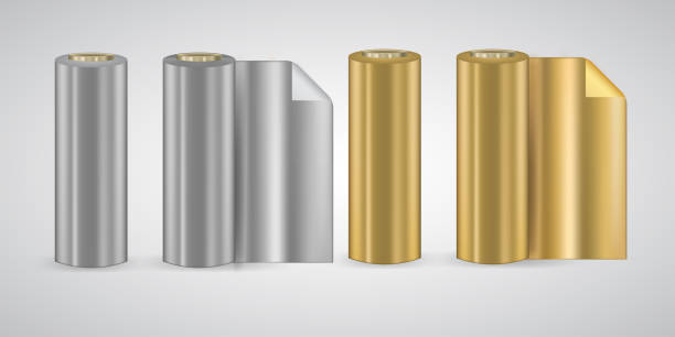 istock Silver and golden rolls of foil vector 3d set isolated on white background. Cooking food, electrical engineering and pharmaceuticals material, keeping constant tempreture and protecting from burning. 1220465773