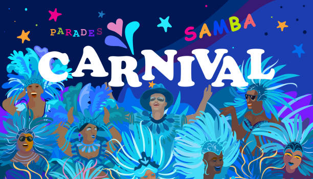 Carnival Music and Dance Festival Poster. Happy People Samba Dancing Parade Sambadrome. Mardi Gras abstract tropical multicolored festive fireworks background. Masquerade, New Orlean Carnival, Brazilian Rio Party, Notting Hill, Venecia Carnival Invitation Happy Mardi Gras Carnival Music and Dance Festival Night Party invitation card, abstract tropical multicolored Harlequin Blue Flag background. Happy People Samba dancing parade Sambadrome, carnival Venetian mask, for Masquerade, New Orlean Carnival, Notting Hill, Brazilian Rio Party, Venecia Carnival poster, invitation, flyer, travel, vector template samba dancing stock illustrations