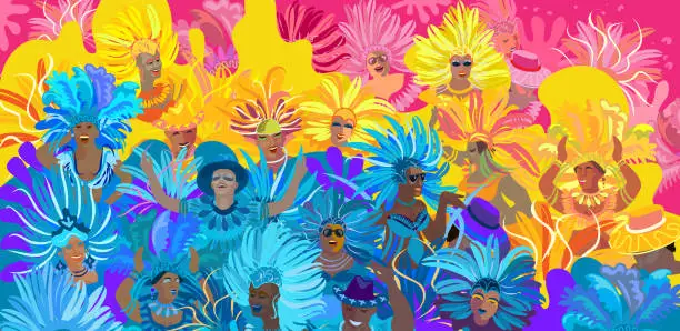 Vector illustration of Carnival Music and Dance Festival Poster. Happy People Samba Dancing Parade Sambadrome. Mardi Gras abstract tropical multicolored festive fireworks background. Masquerade, New Orlean Carnival, Brazilian Rio Party, Notting Hill, Venecia Carnival Invitation