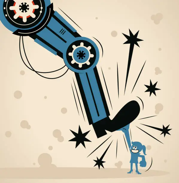 Vector illustration of Small blue woman is lifting a heavy giant robot foot. Be a talent who won't be replaced by AI