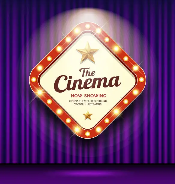 Vector illustration of Cinema Theater sign shaped square light up on purple curtain design