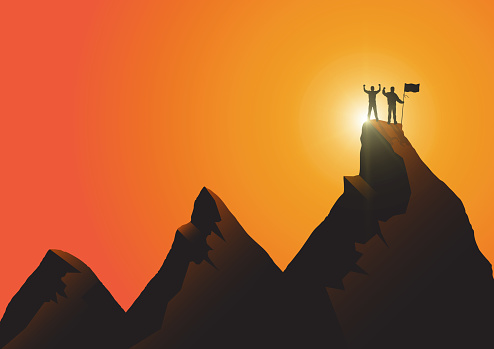 Silhouette of two men standing on top of the mountain with flag with fist raised up on sunrise background, success, achievement and winning concept vector illustration