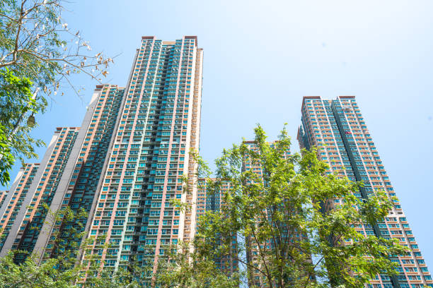 Buildings with trees in the city. Hong Kong Cityscape. Skyscrapers with trees. City and nature concept.