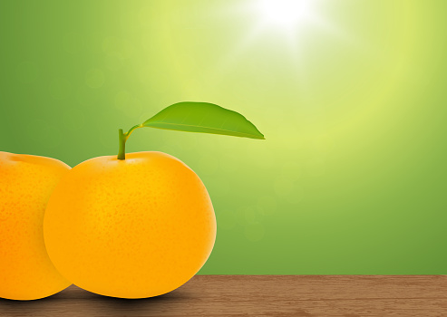 Orange fruits with leaf on wooden tabletop on blurred green nature bokeh background vector illustration