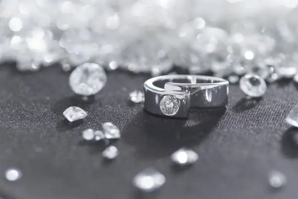 Photo of Close up of diamond ring on jewelry background, platinum ring on diamond.
