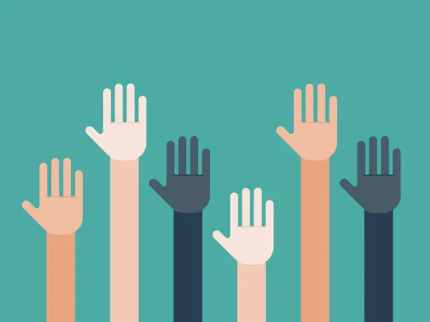 Vector illustration of Illustration of group of multiethnic hands raised in giving