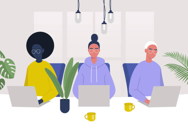 ilustrações, clipart, desenhos animados e ícones de um grupo diversificado de personagens trabalhando juntos no escritório, millennials no trabalho - interior designer