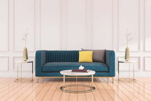 istock View of living room with fabric sofa and round mable side table on classic panel wall. Perspective of interior design with gold decoration. 3d rendering. 1220488875