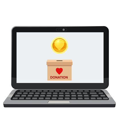 Donate online payments. Make a donation box on a laptop PC display. Charity fundraising concept.