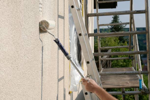 dipingere pareti. concetto di riparazione e costruzione. dettagli di pittura pareti, rullo, scala, impalcature e altri strumenti per dipingere pareti della casa fuori casa ristrutturazione all'esterno - facade foto e immagini stock